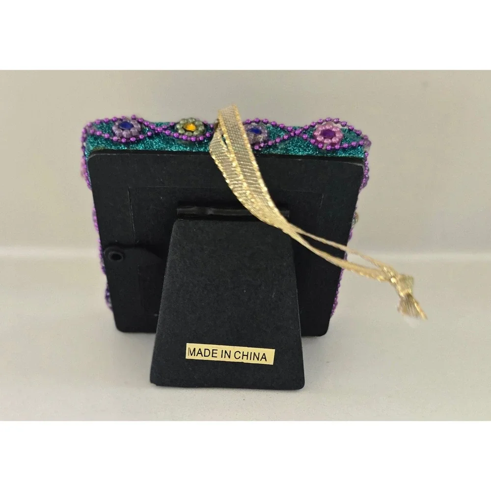Teal Glitter Mini Picture Frame Ornament Beaded Jeweled Easel Back‎ Square 3in